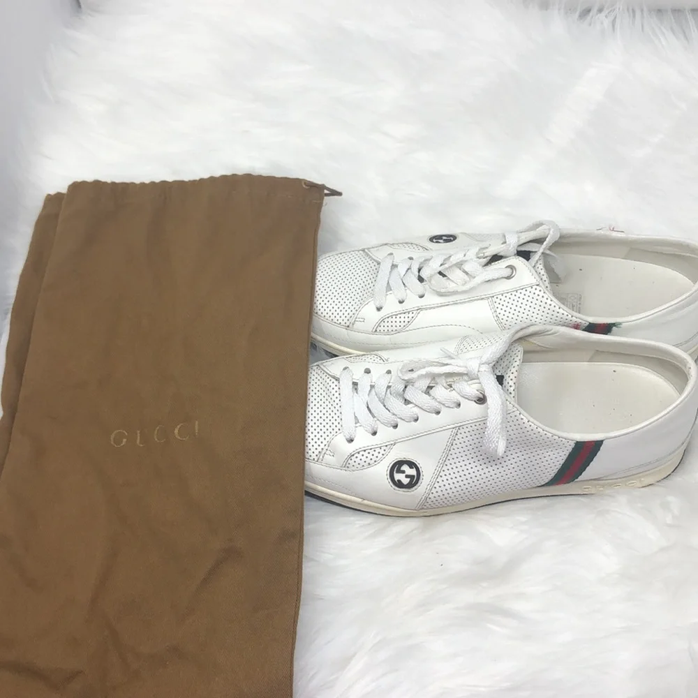 Vintage Gucci Perforated Leather Web Stripe Sneakers White Men's 7.5G US 8–8.5